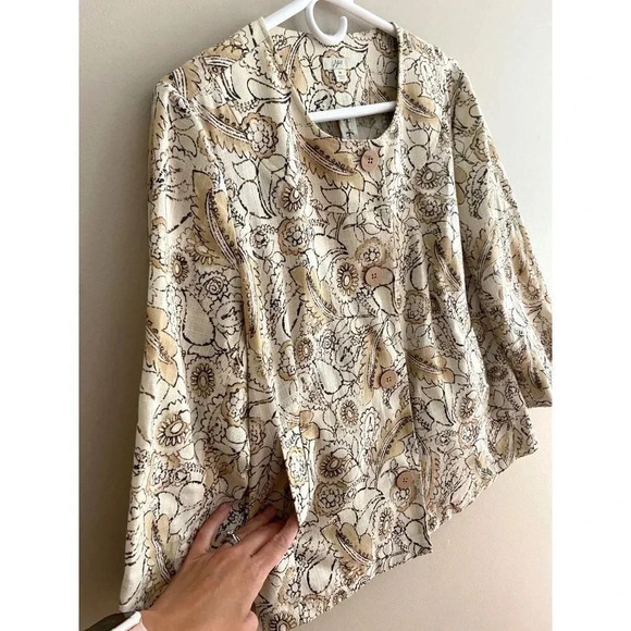 J. Jill Beige Floral + Paisley Print Linen Blend Collarless Blazer Jacket Medium - Picture 5 of 12